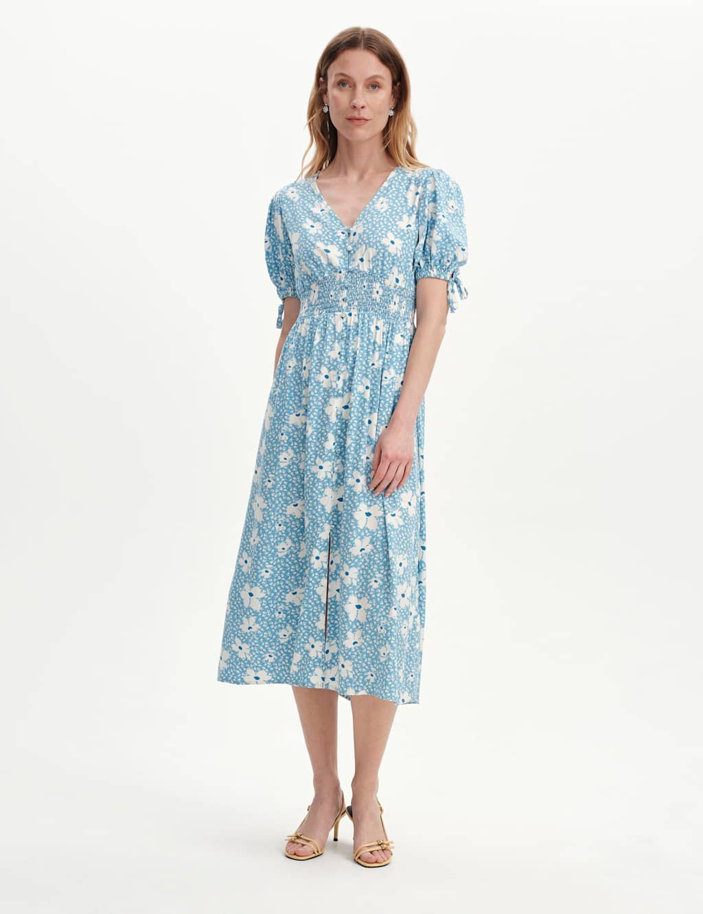 Finery London Women's Floral Shirred Button Through Midi Dress - 16 - Blue Mix - Available at M&S