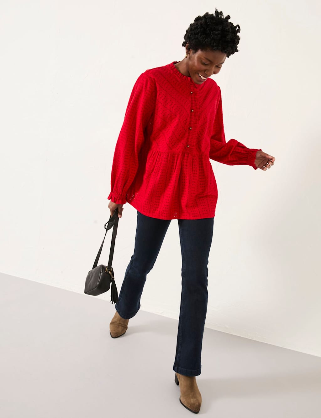 FatFace Broderie Frill Neck Blouse with Linen Red