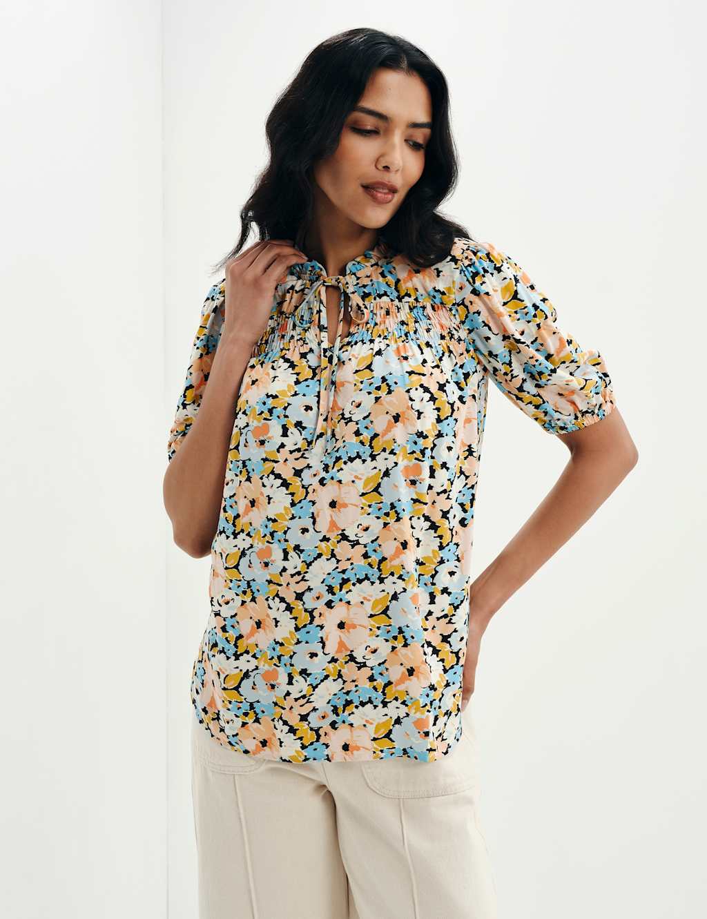 Finery London Women's Floral Shirred Tie Neck Relaxed Top - 8 - Orange Mix - Available at M&S