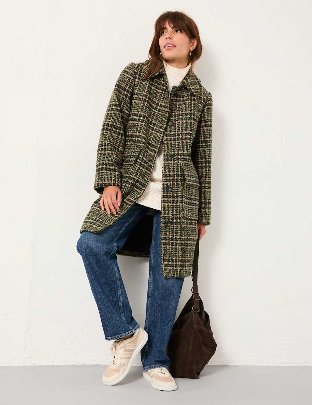 FatFace Checked Collared Coat Green Mix