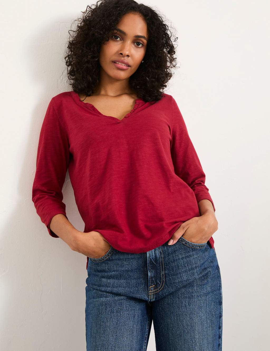 FatFace Pure Cotton Notch Neck T-Shirt Red