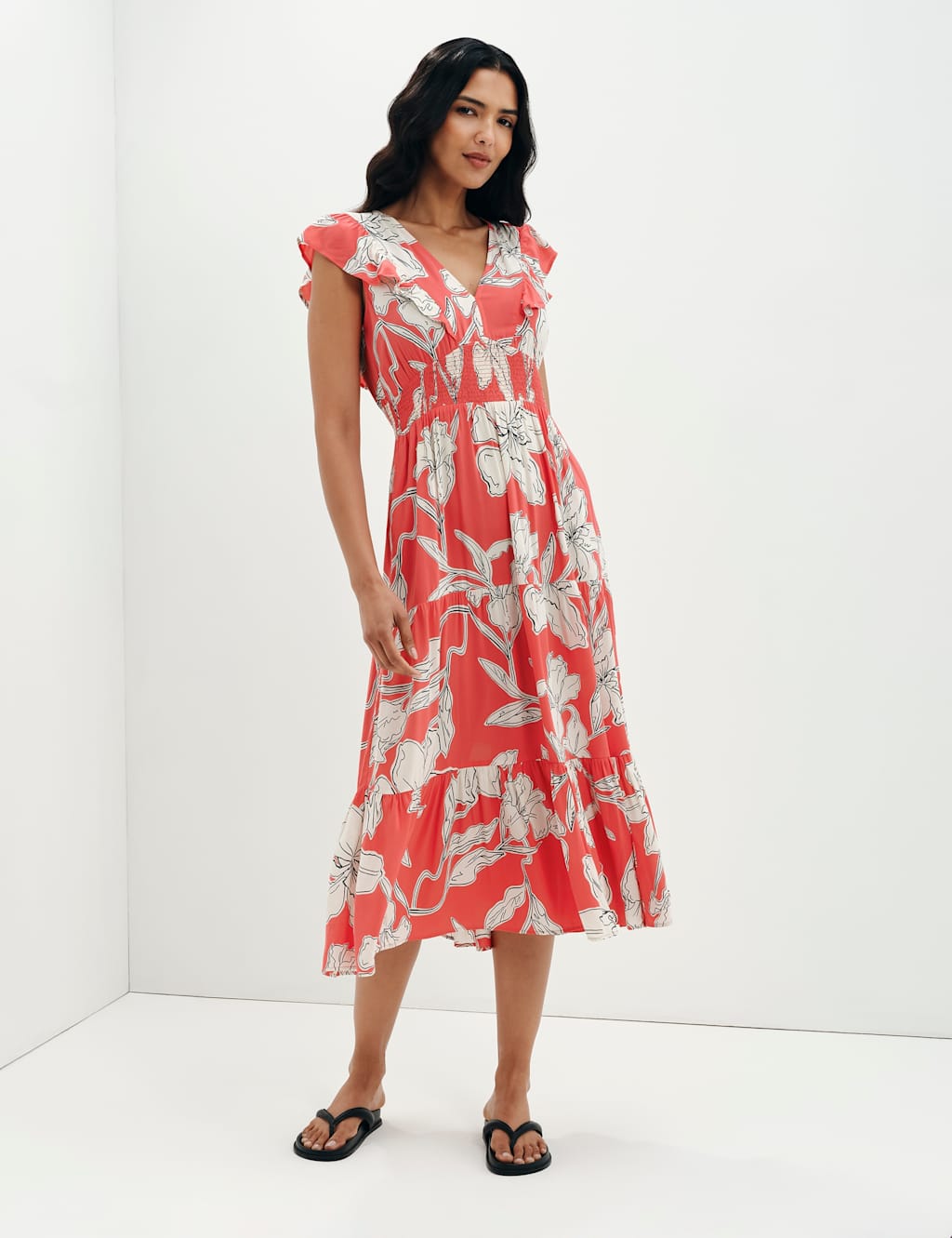 Finery London Women's Voile Floral V-Neck Midi Tiered Dress - 12 - Red Mix - Available at M&S