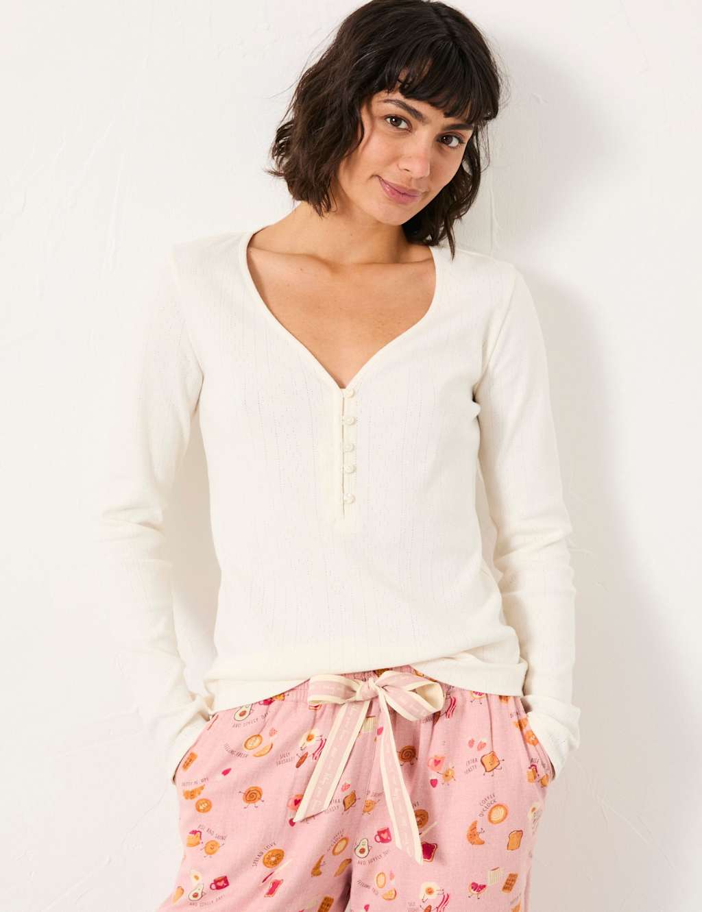 FatFace Pure Cotton Pointelle Pyjama Top Ivory