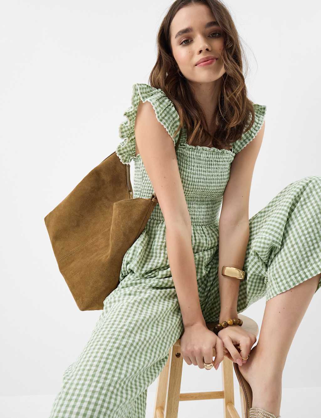 Accessorize Women's Pure Cotton Gingham Frill Detail Jumpsuit - 12 - Green - Available at M&S