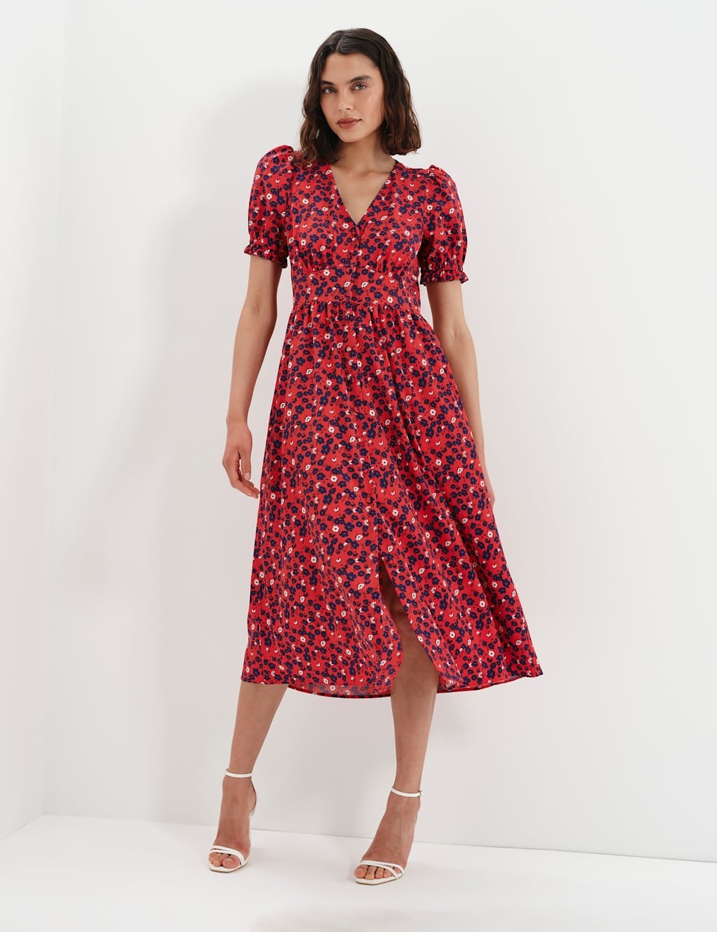 Finery London Women's Floral V-Neck Midi Puff Sleeve Waisted Dress - 18 - Red Mix - Available at M&S