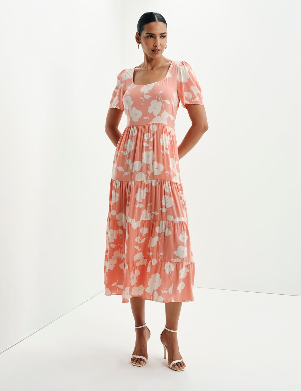 Finery London Women's Floral Square Neck Midi Tiered Dress - 18 - Orange Mix - Available at M&S