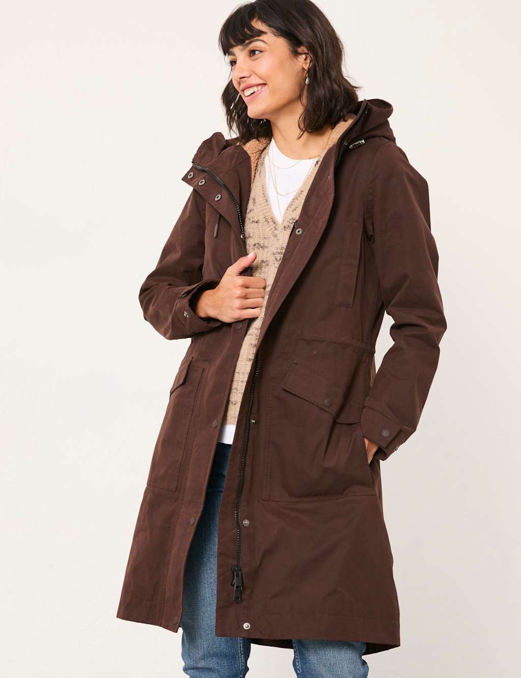 FatFace Waterproof Hooded Borg Lined Raincoat Brown