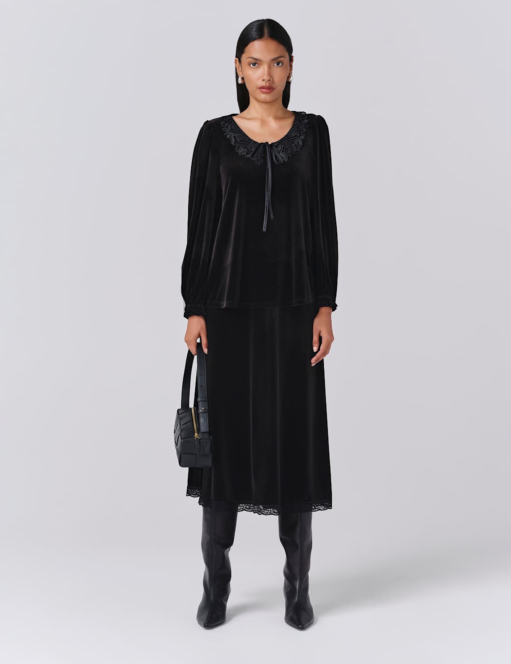 Ghost Velvet Tie Neck Lace Detail Blouse Black