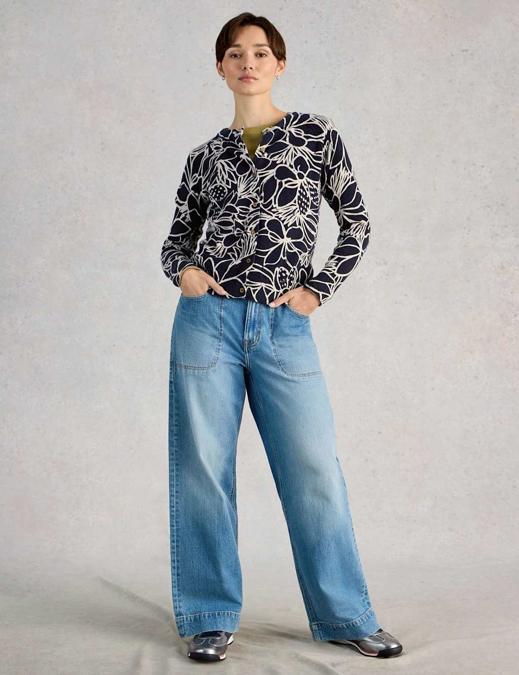 White Stuff Pure Cotton Printed Button Front Cardigan Navy Mix