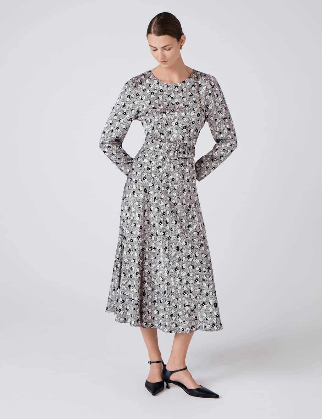 Ghost Satin Floral Midi Skater Dress Black Mix