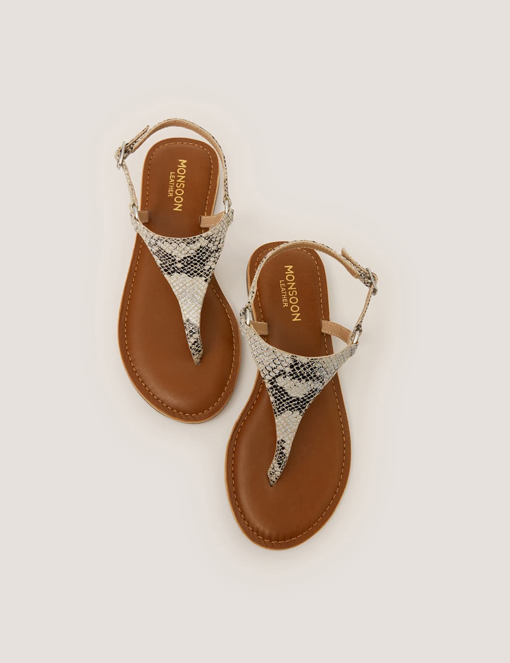 Monsoon Women's Leather Animal Print Flat Sandals - 9 - Neutral - Available at M&S