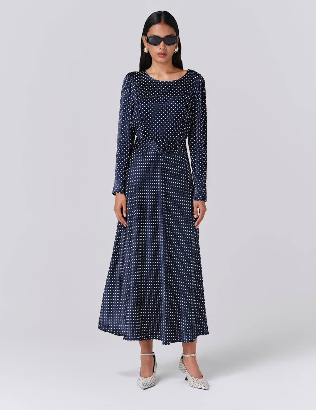 Ghost Women's Satin Polka Dot Belted Midi Waisted Dress - 10 - Navy Mix - Available at M&S