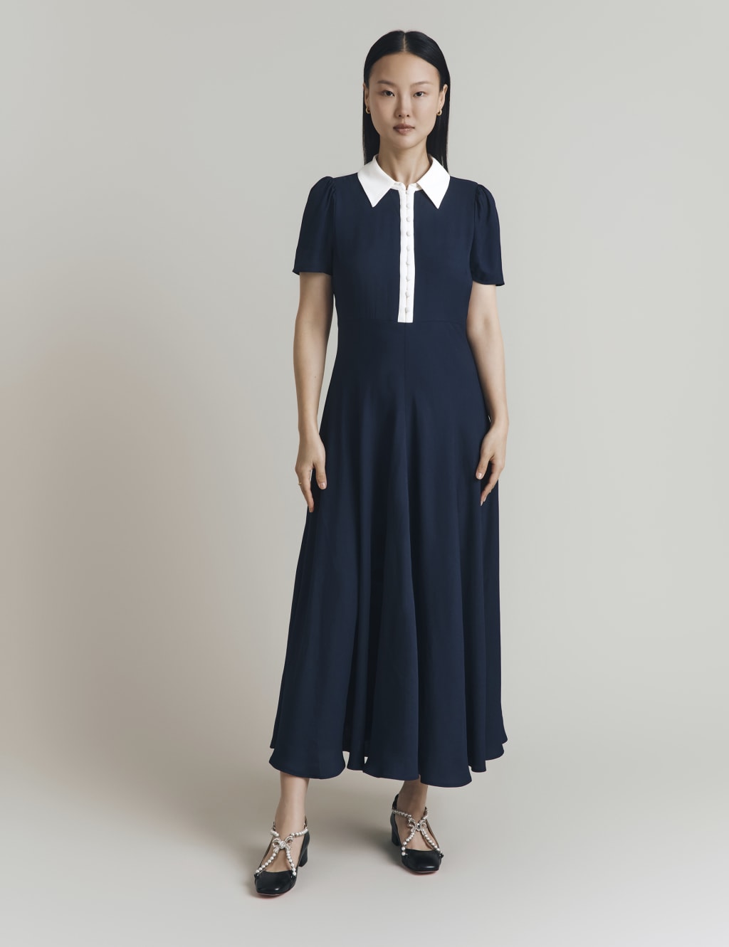 Satin Contrast Collar Midi Shirt Dress