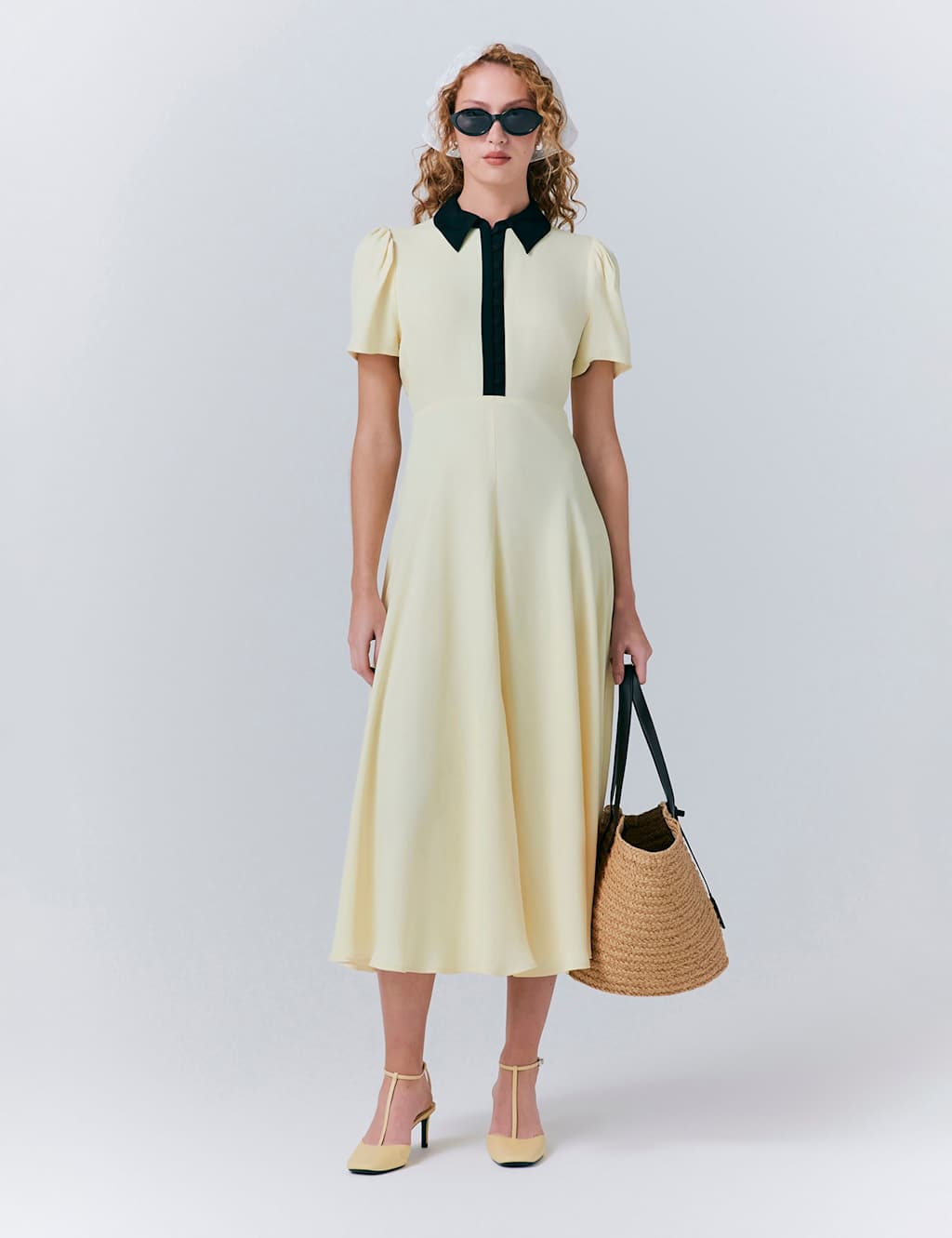 Satin Contrast Collar Midi Shirt Dress