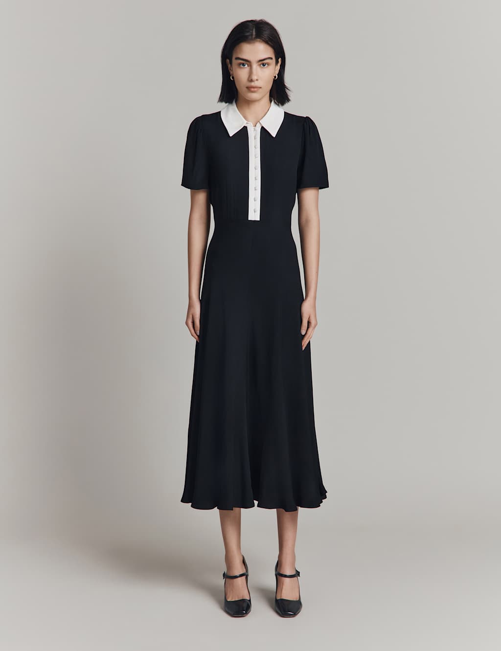 Satin Contrast Collar Midi Shirt Dress
