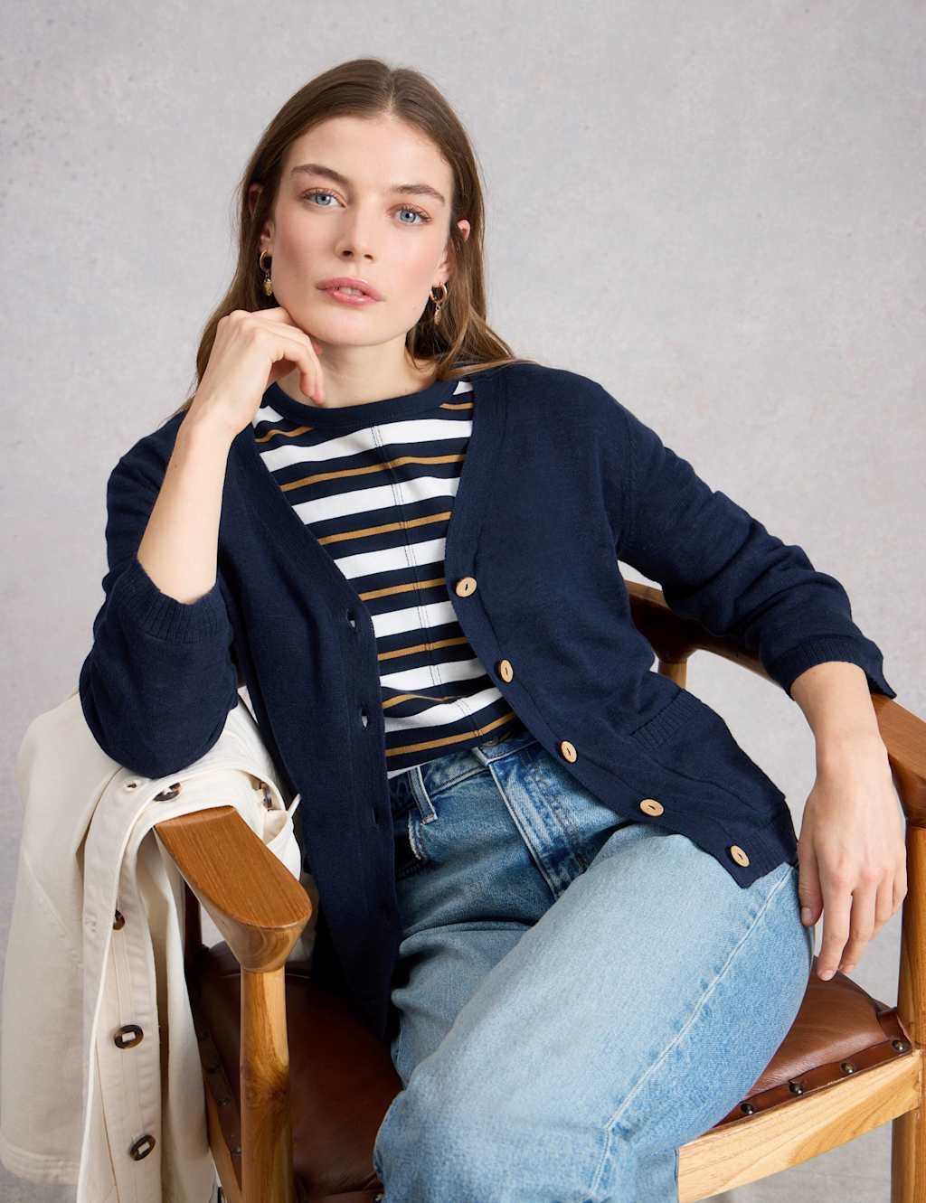 White Stuff Women's Cotton Rich V-Neck Button Front Cardigan - 10 - Navy - Available at M&S