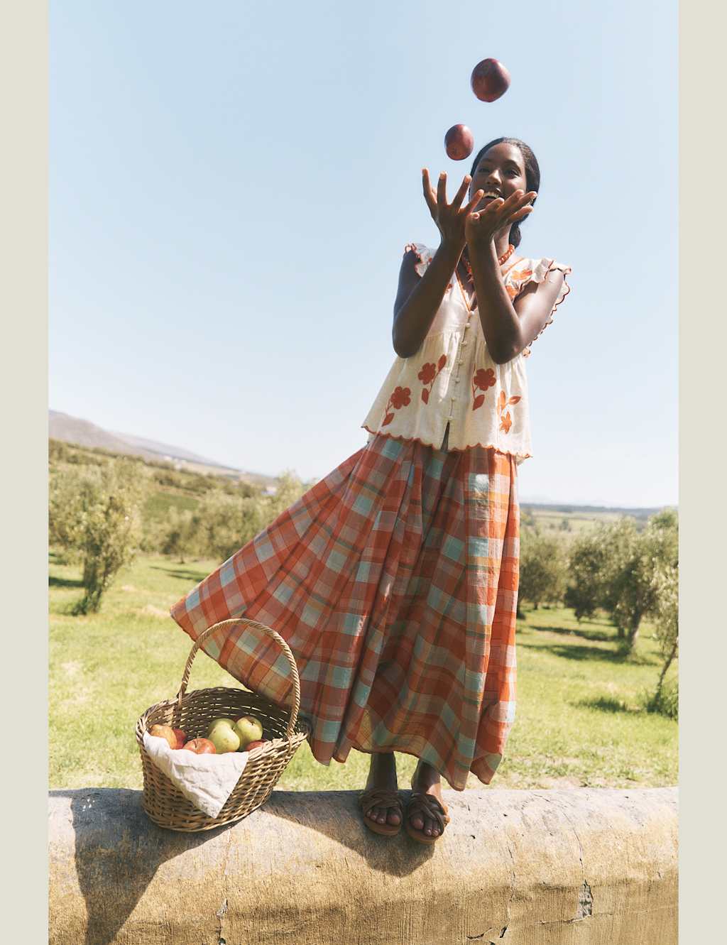 Monsoon Women's Cotton Rich Checked Midi A-Line Skirt - Medium - Orange Mix - Available at M&S