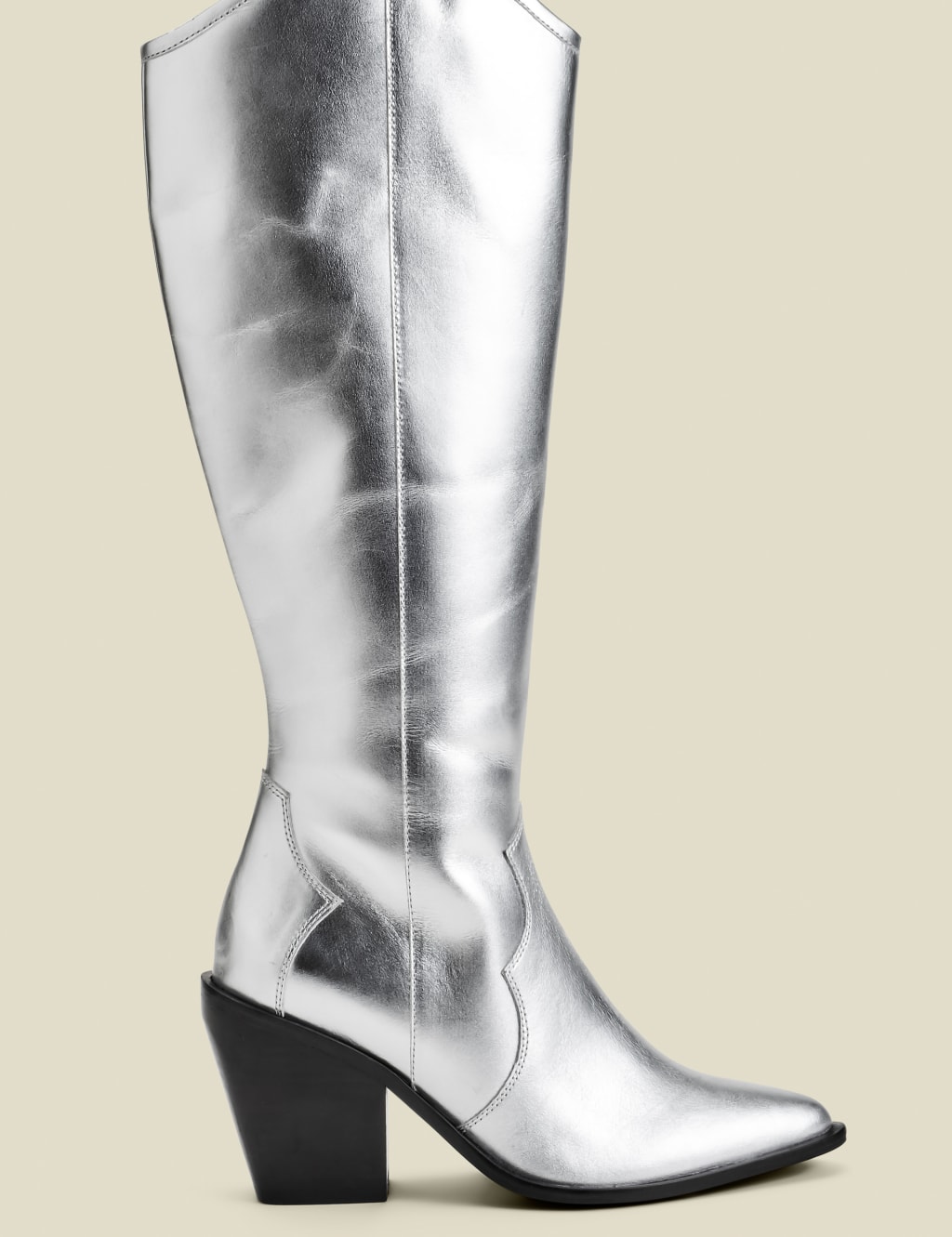 Leather Metallic Block Heel Knee High Boot