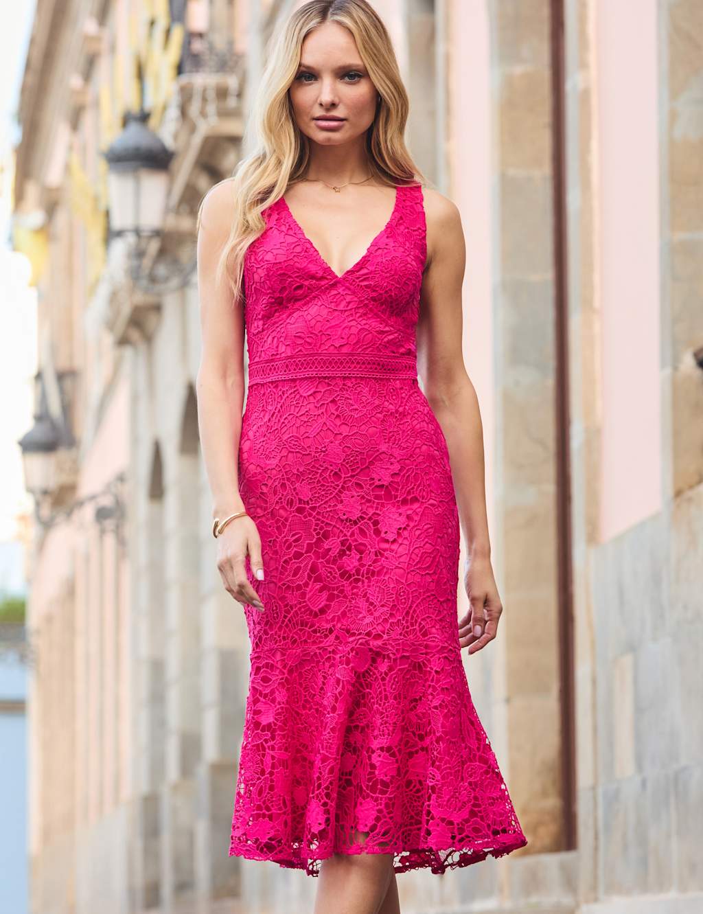 Lace Floral V-Neck Ruffle Hem Skater Dress