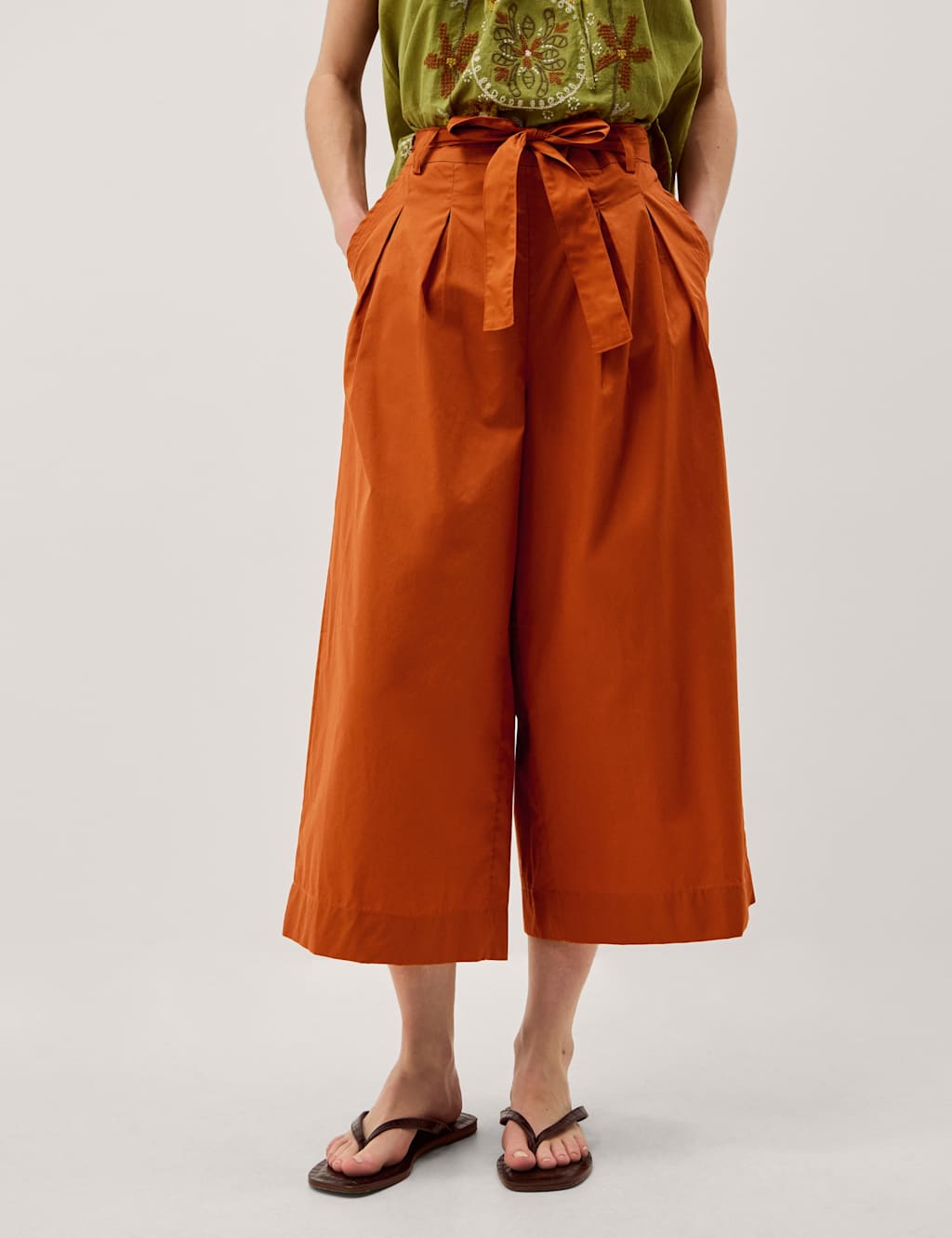 Monsoon Women's Pure Cotton Wide Leg Cropped Trousers - Small - Brown - Available at M&S