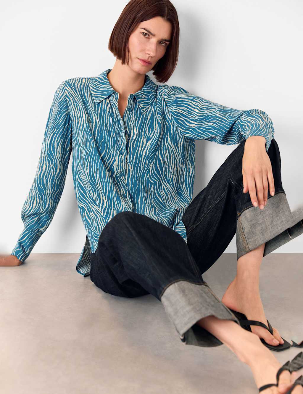 Whistles Animal Print Collared Button Through Shirt Blue Mix