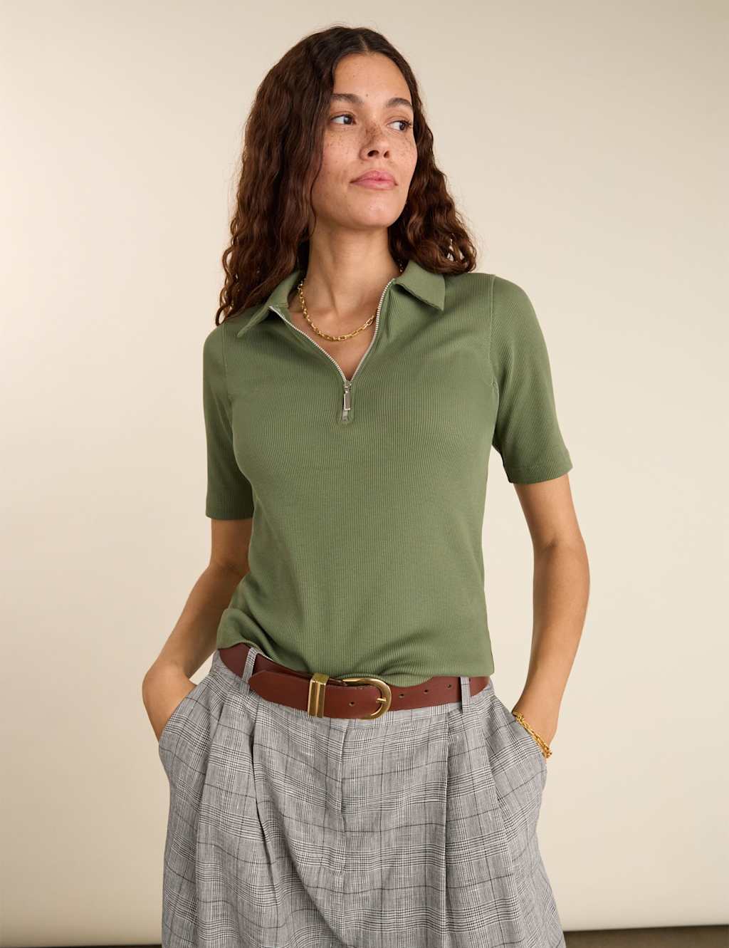 Baukjen Women's Pure Cotton Ribbed Collared Top - 10 - Khaki - Available at M&S
