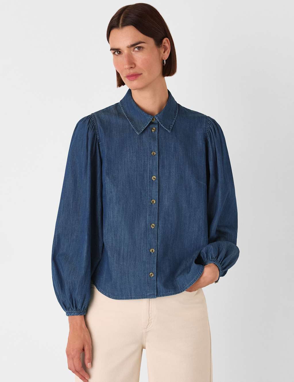 Whistles Chambray Pure Cotton Collared Shirt Denim