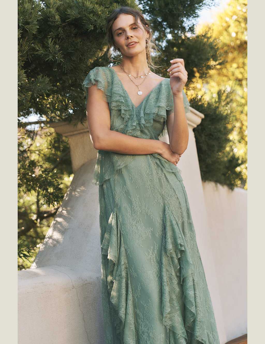 Monsoon Women's Lace V-Neck Midaxi Tea Dress - 10 - Light Green - Available at M&S