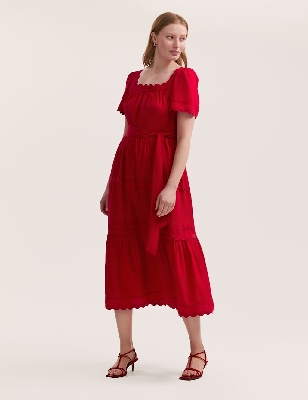 Pure Cotton Square Neck Midi Tiered Dress