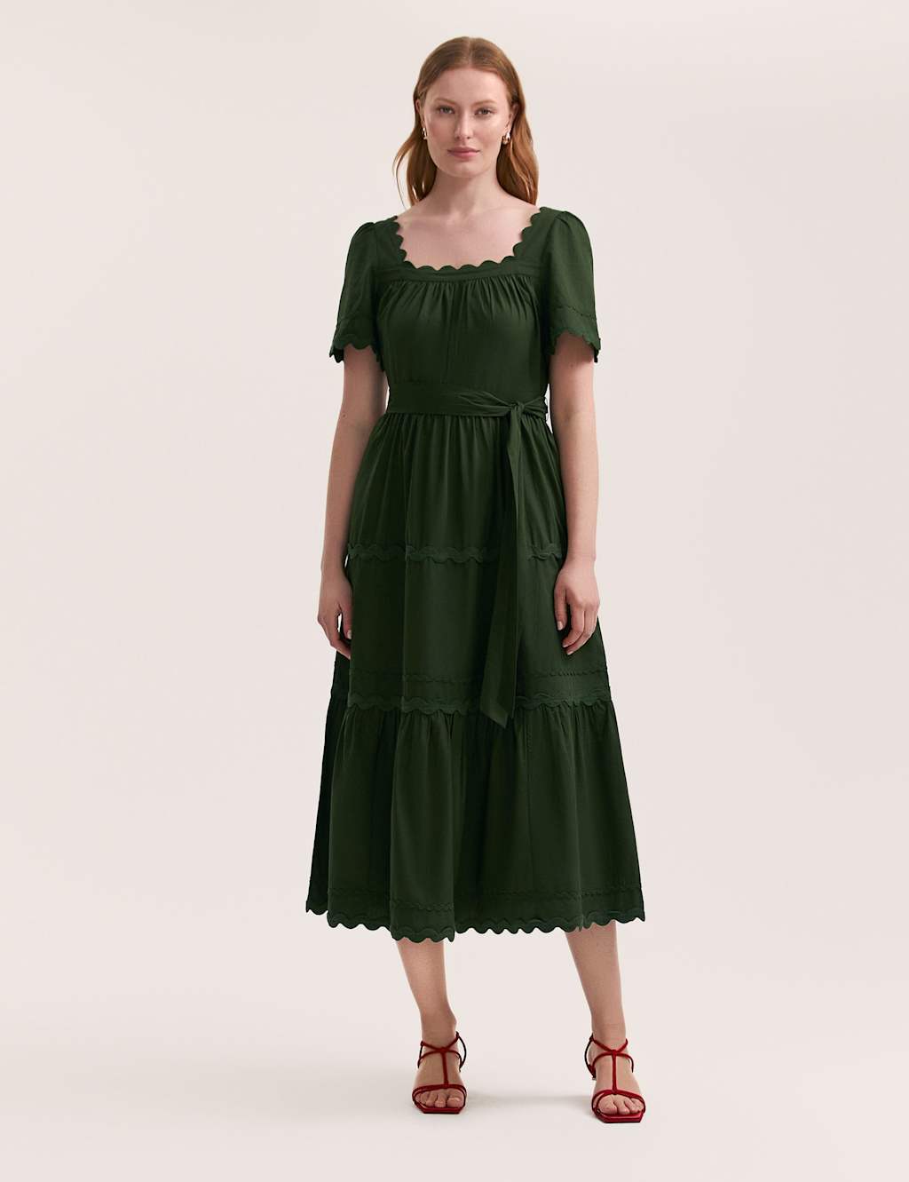 Pure Cotton Square Neck Midi Tiered Dress