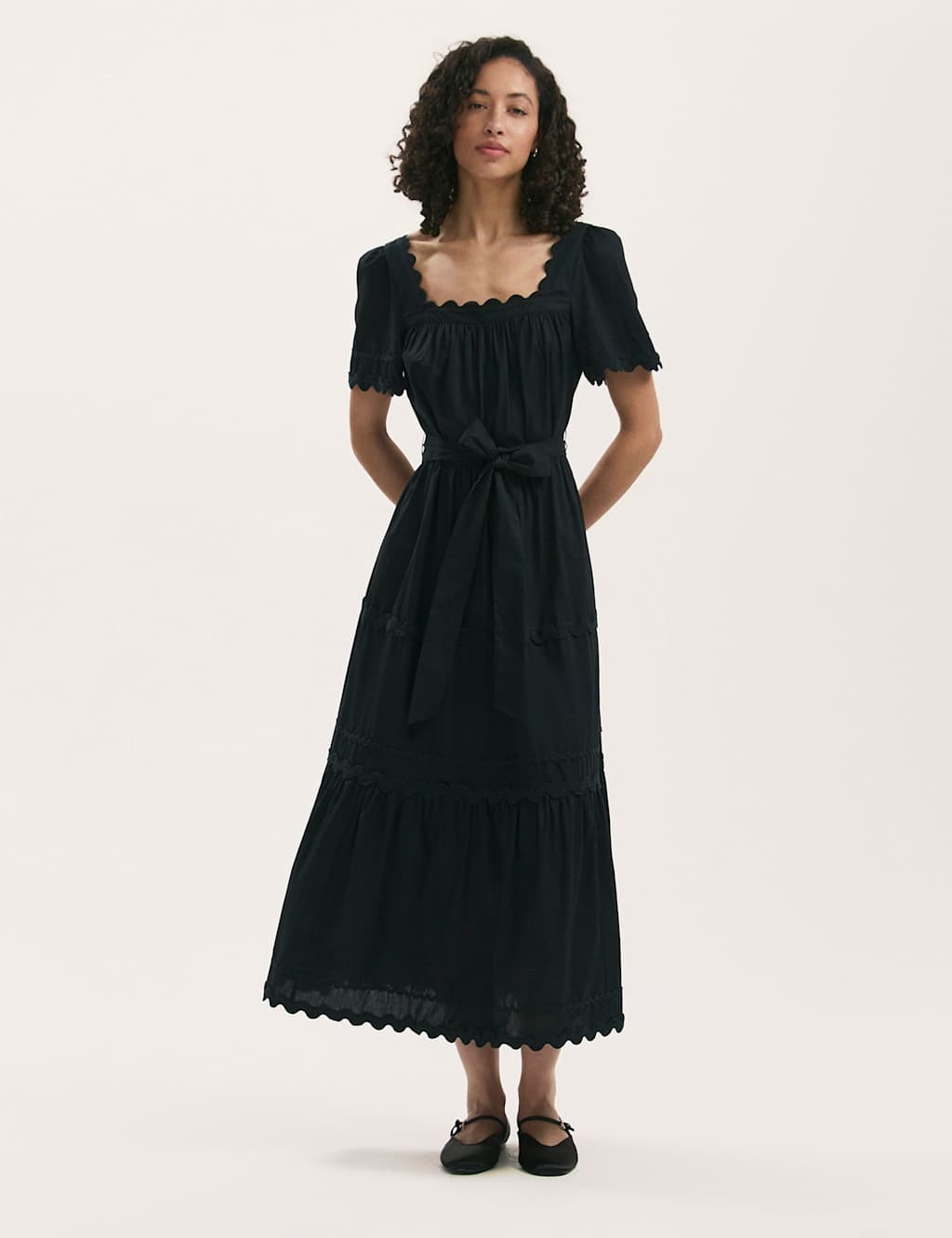 Finery London Pure Cotton Square Neck Midi Tiered Dress Black