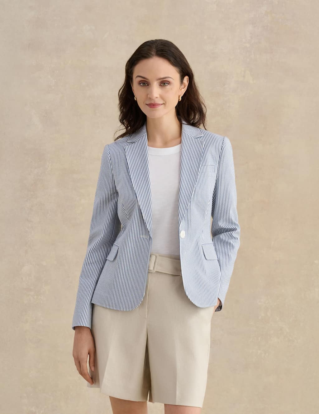 Hobbs Women's Cotton Rich Striped Single Breasted Jacket - 8 - Blue Mix - Available at M&S