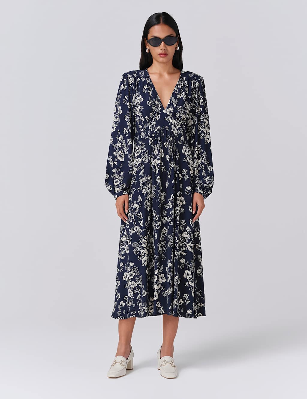 Ghost Women's Crepe Floral V-Neck Midi Skater Dress - 10 - Navy Mix - Available at M&S