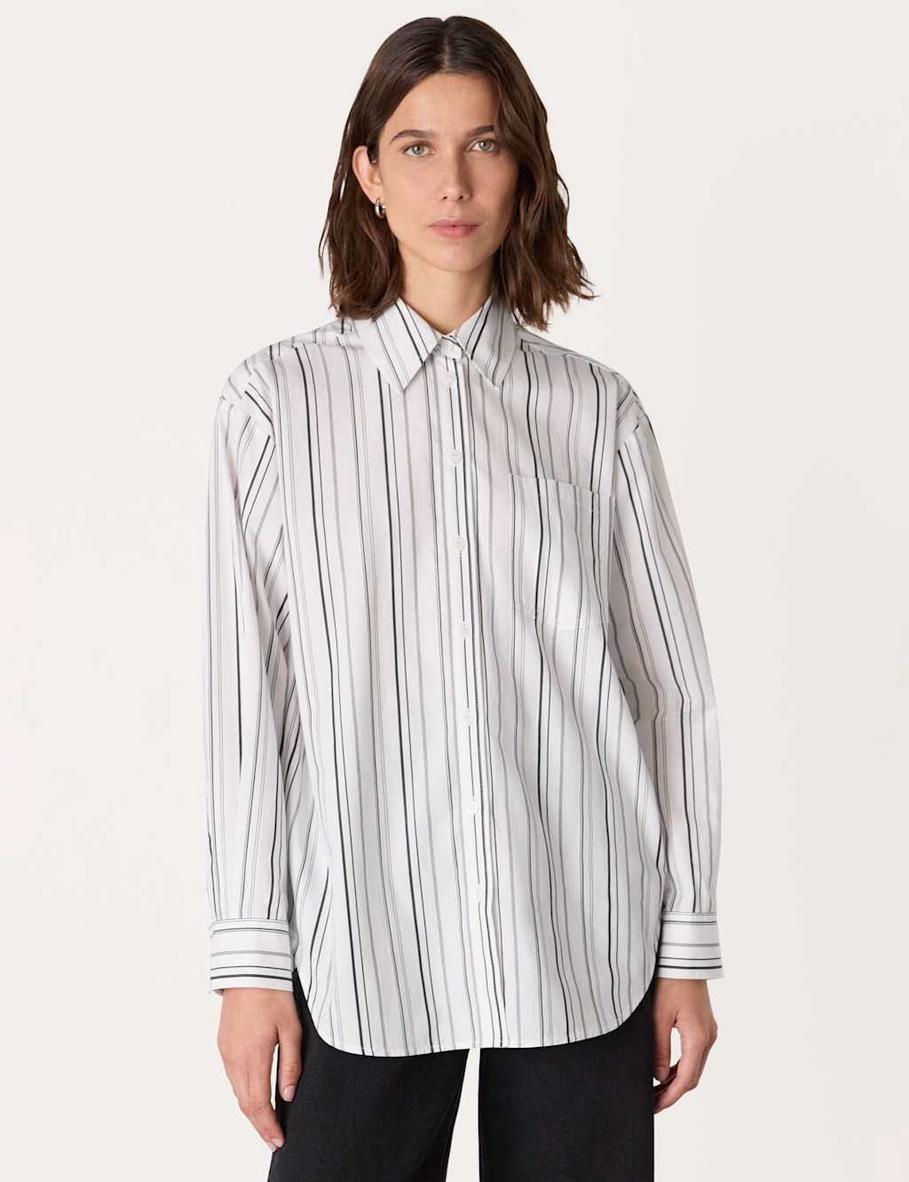 Whistles Pure Cotton Striped Oversized Collared Shirt White Mix