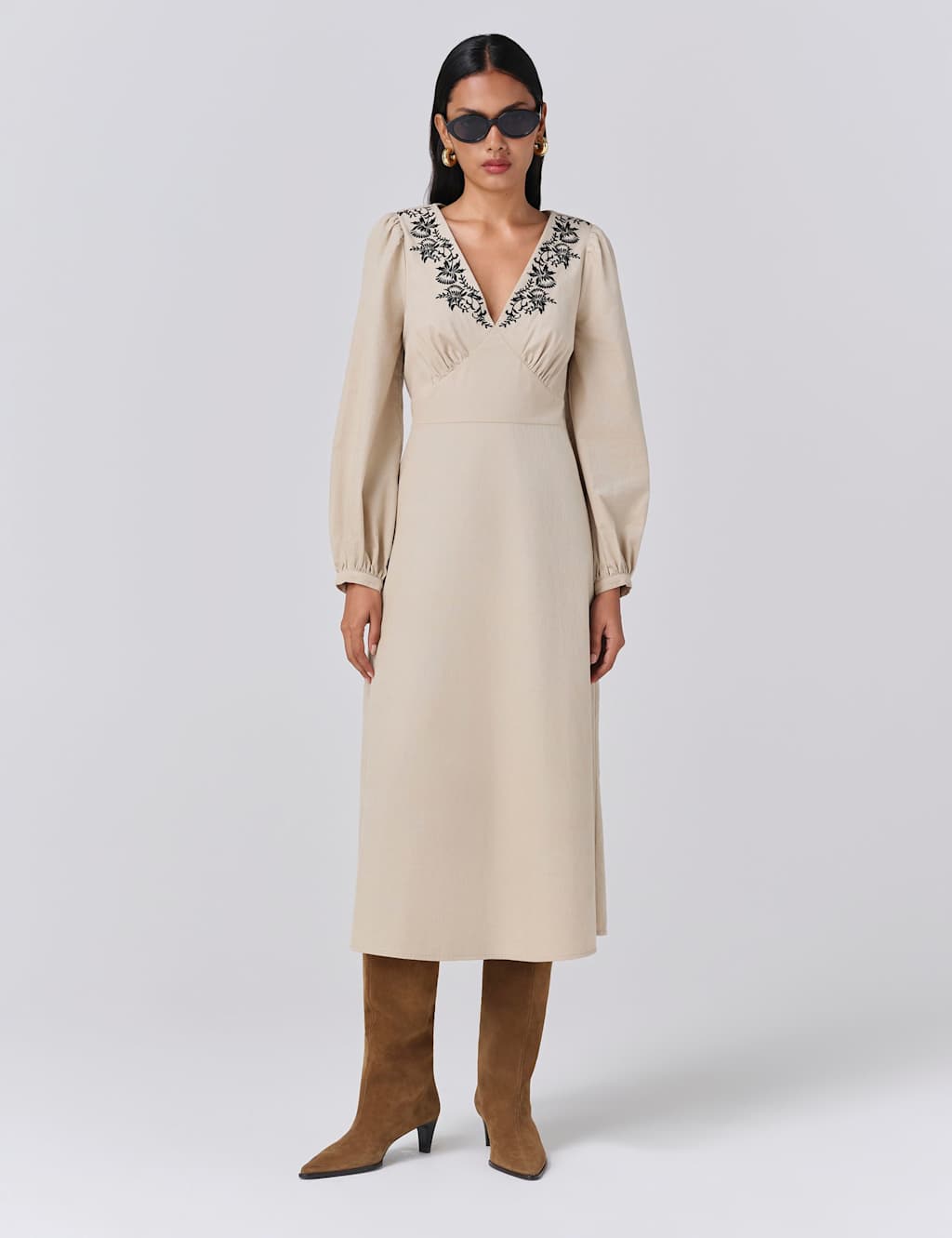 Ghost Cord Embroidered V-Neck Midi Skater Dress Natural