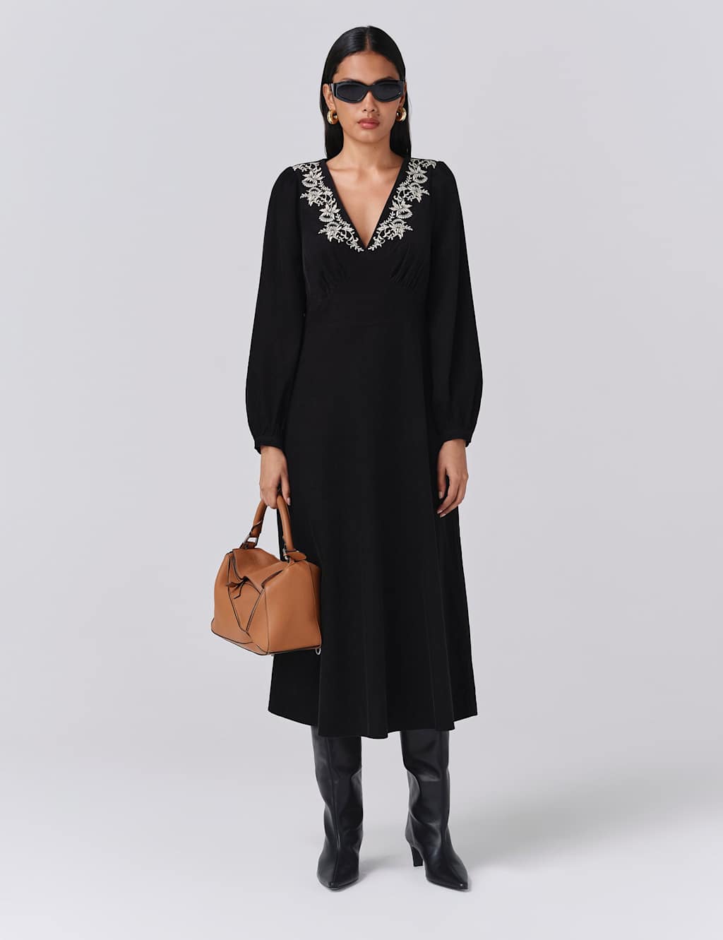 Ghost Cord Embroidered V-Neck Midi Skater Dress Black