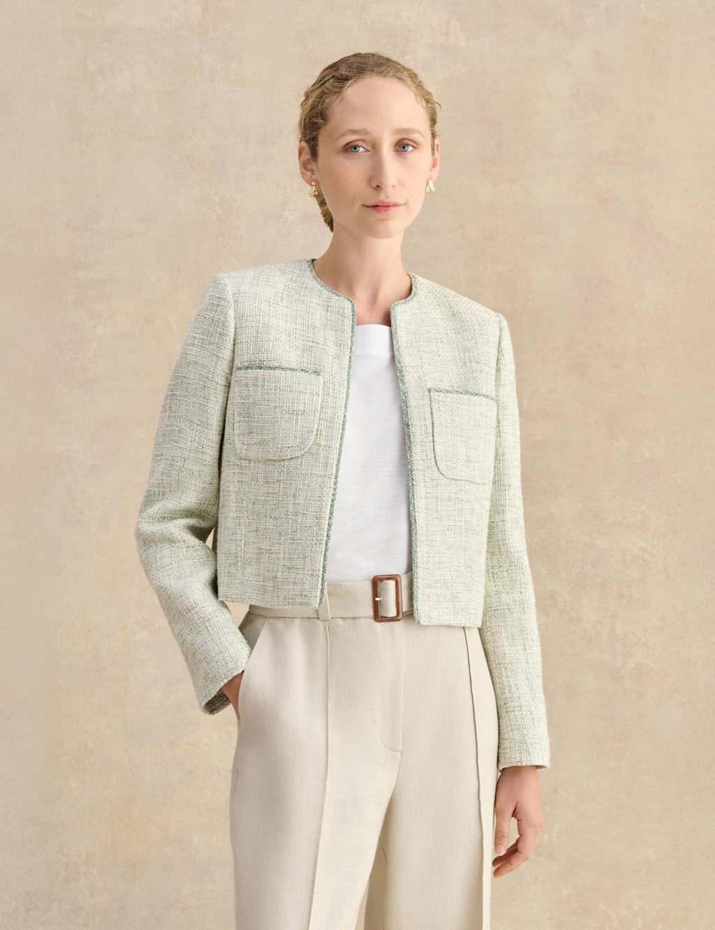 Hobbs Women's Cotton Rich Textured Cropped Jacket - 12 - Green - Available at M&S