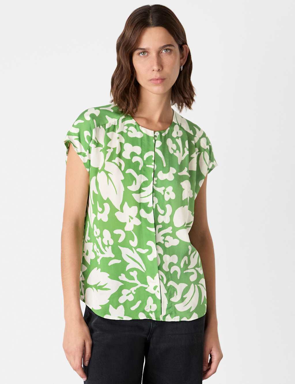 Whistles Women's Floral Round Neck Button Through Blouse - 10 - Green Mix - Available at M&S