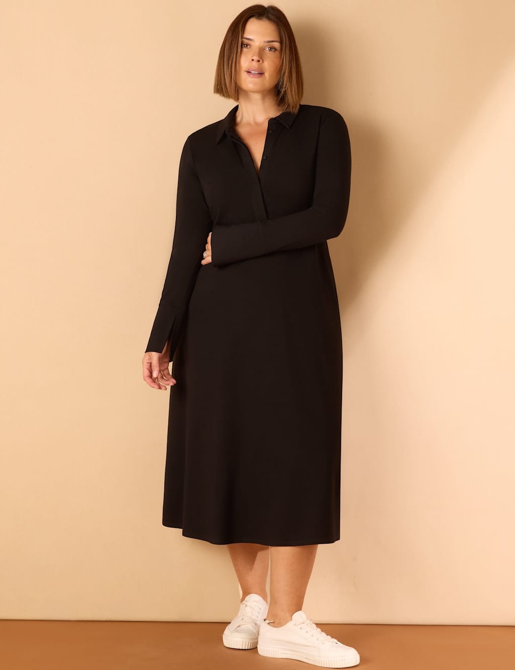 Live Unlimited London Jersey Polo Collar Midi Tea Dress Black