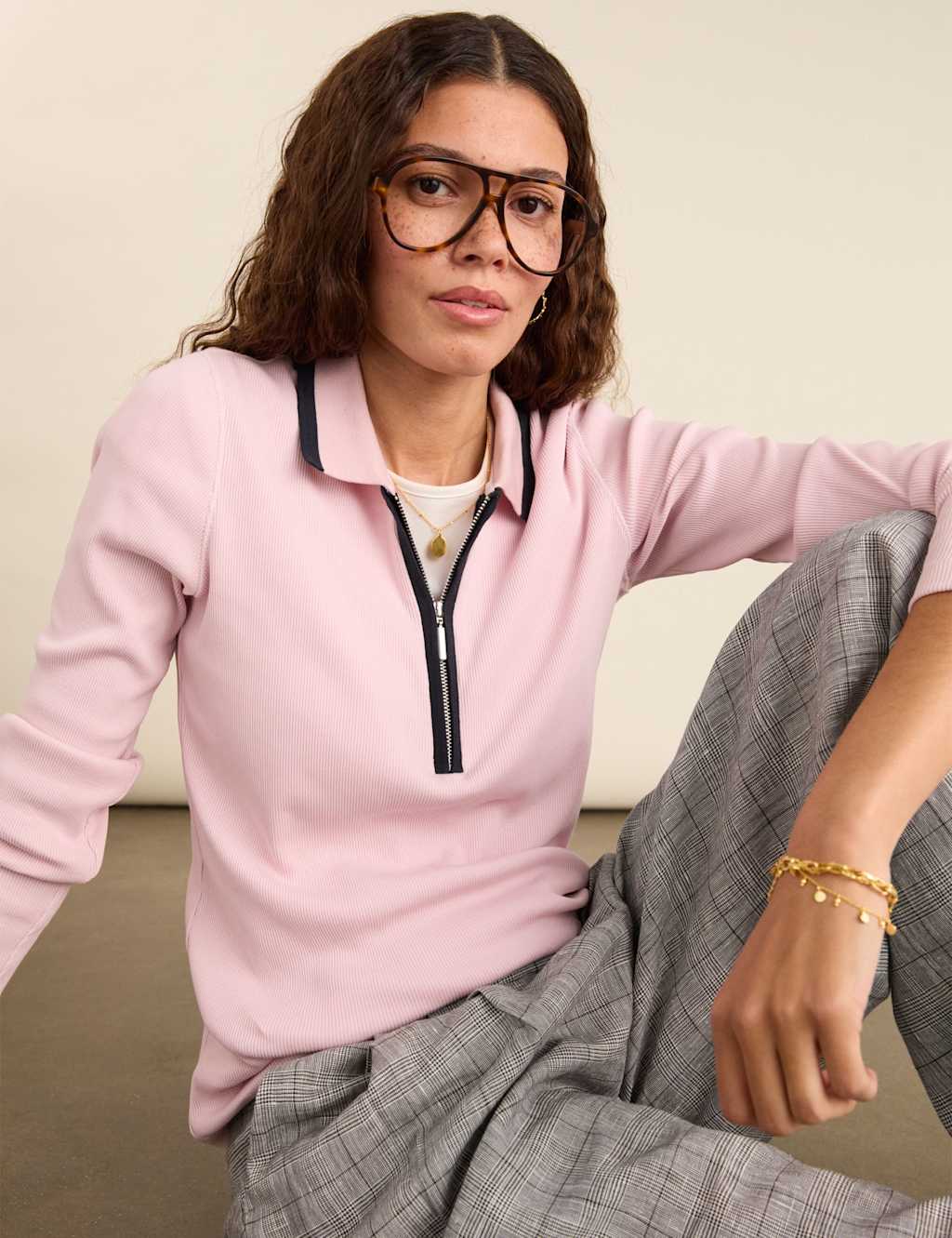 Baukjen Women's Pure Cotton Ribbed Collared Half Zip Top - 12 - Pink Mix - Available at M&S