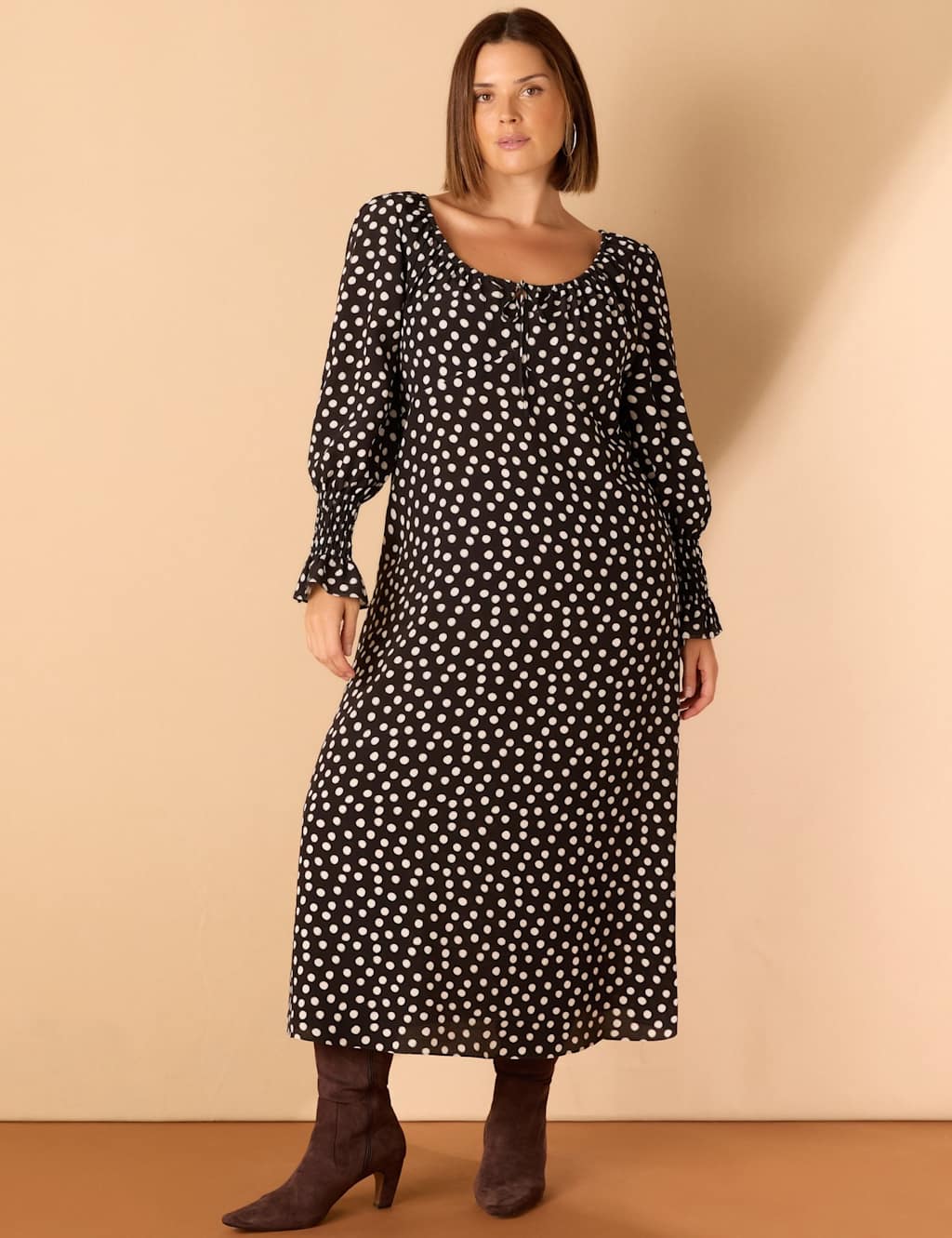 Live Unlimited London Polka Dot Tie Neck Midi Tea Dress Black