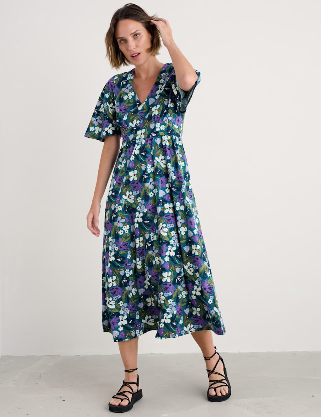 Seasalt Cornwall Pure Cotton Floral V-Neck Maxi Waisted Dress Teal Mix