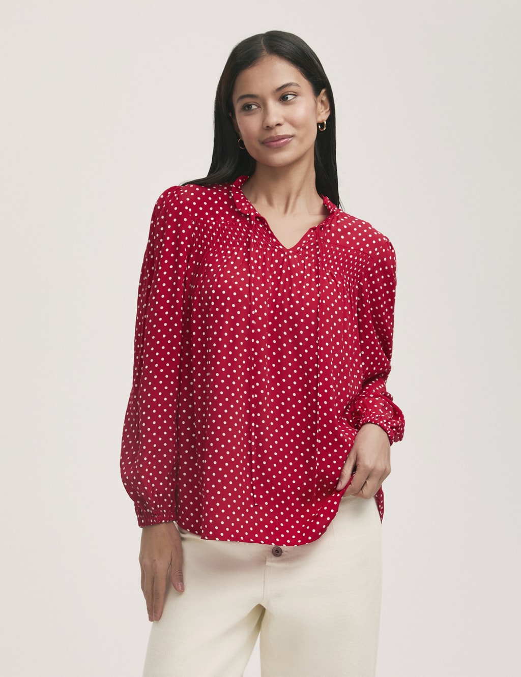 Kiya Crepe Spot Print Tie Neck Blouse
