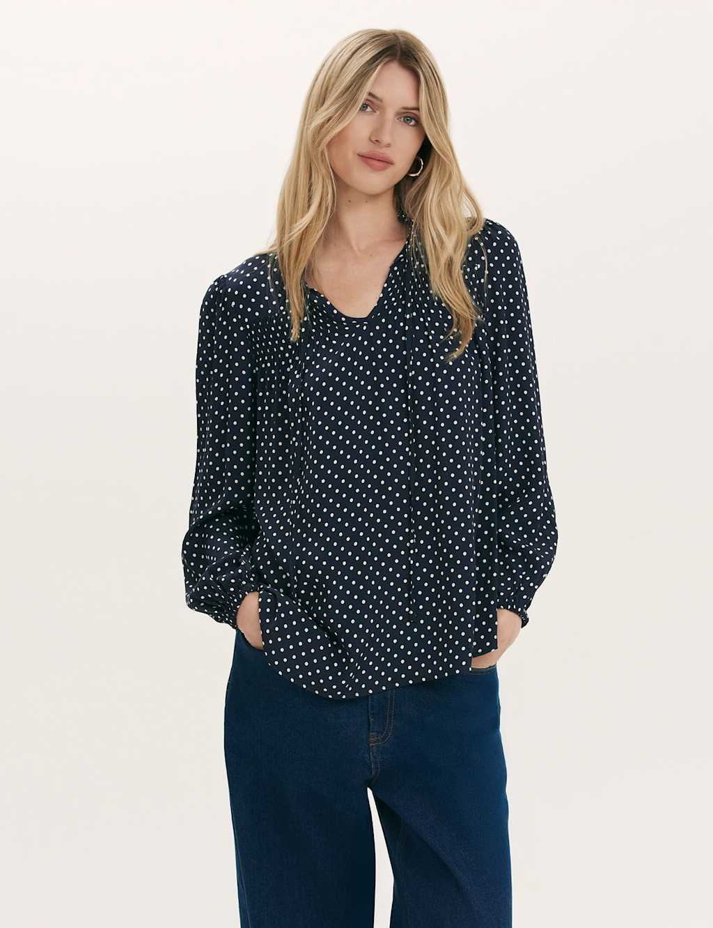 Finery London Women's Kiya Crepe Spot Print Tie Neck Blouse - 10 - Navy Mix - Available at M&S