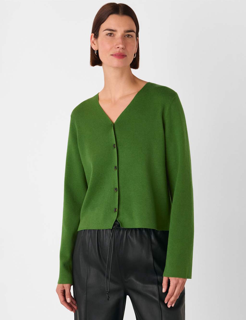 Whistles Cotton Blend V-Neck Button Front Cardigan Green