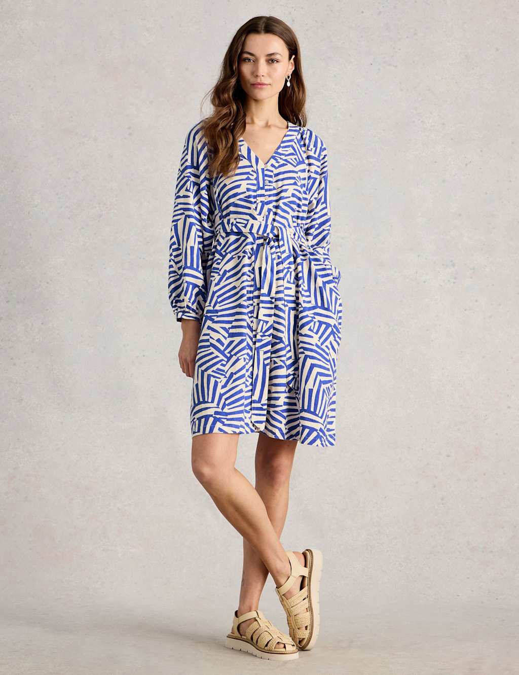 White Stuff Women's Linen Blend Geometric Mini Shirt Dress - 10 - Blue Mix - Available at M&S