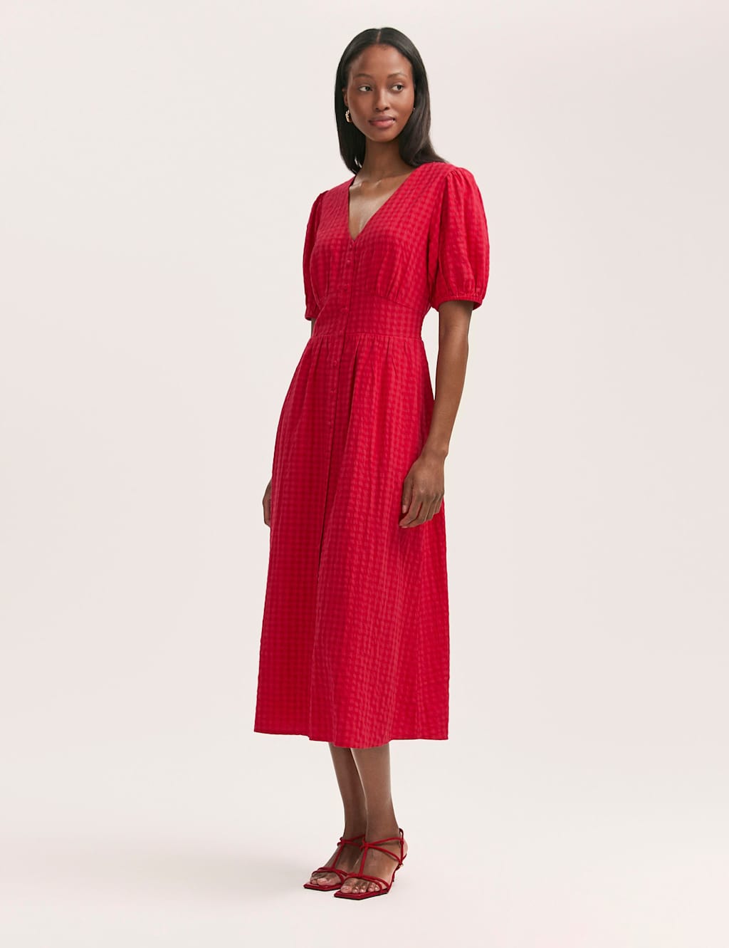 Cotton Blend Gingham V-Neck Midi Tea Dress