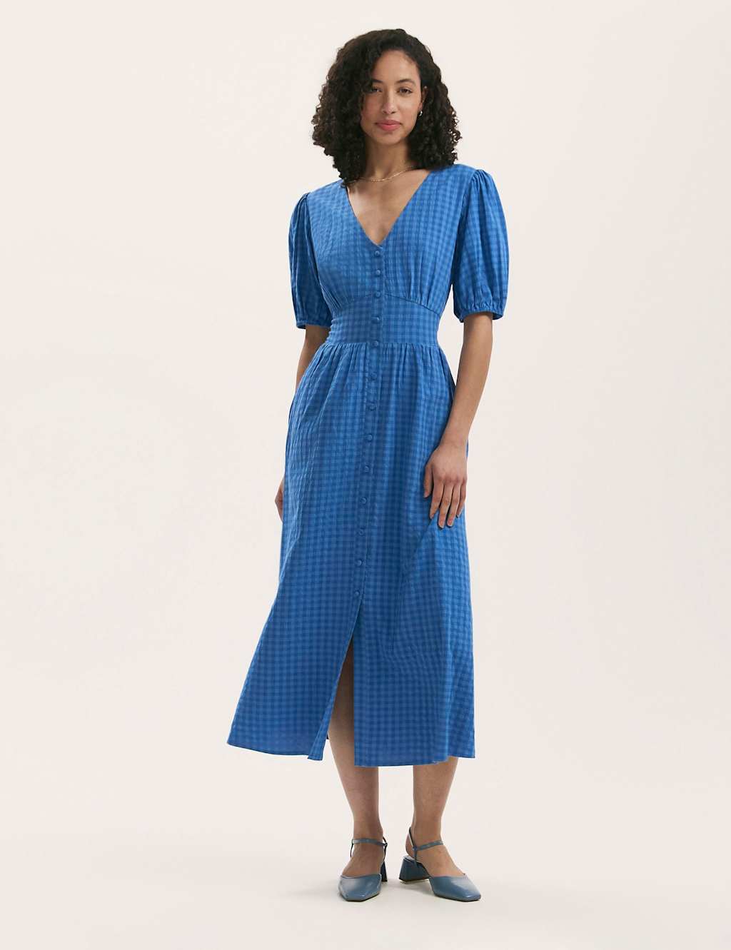 Cotton Blend Gingham V-Neck Midi Tea Dress
