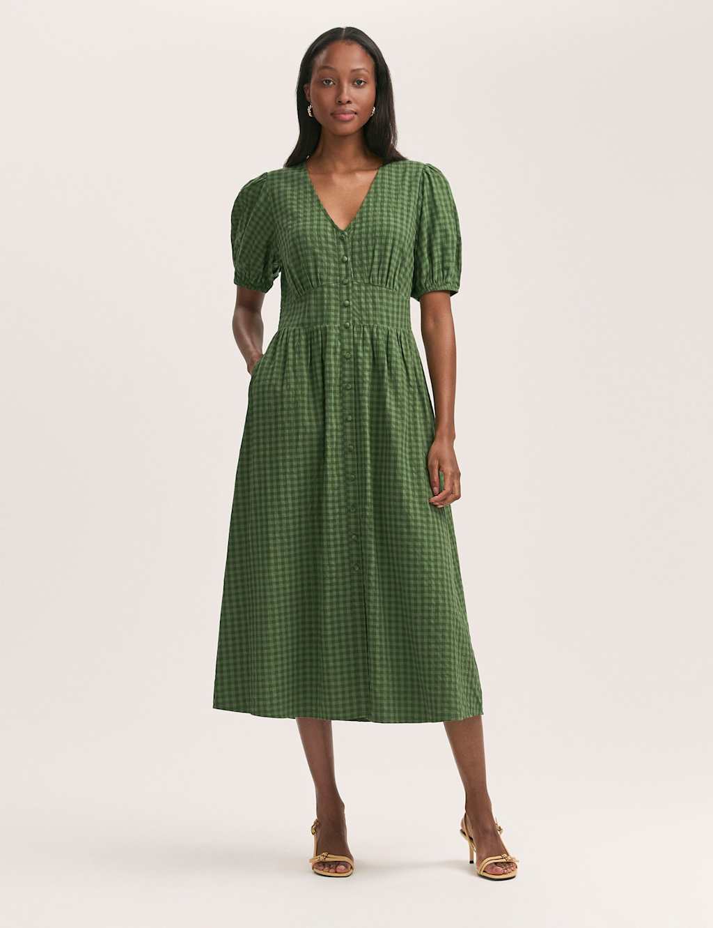 Cotton Blend Gingham V-Neck Midi Tea Dress