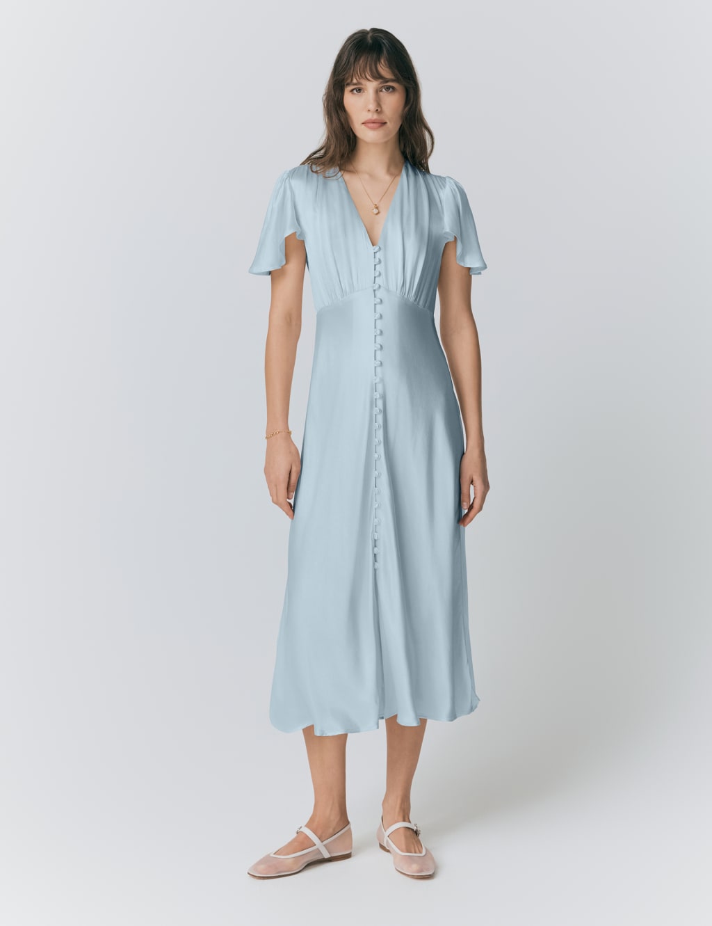 Satin V-Neck Angel Sleeve Midi Tea Dress